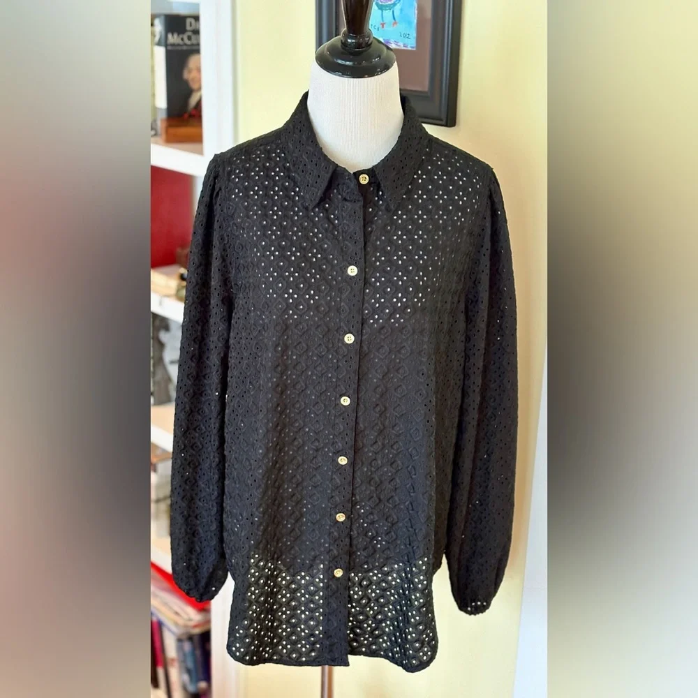 Lilly Pulitzer Top Black Sea Breeze Eyelet Long Sleeves Blouse SZ XL - Picture 8 of 8